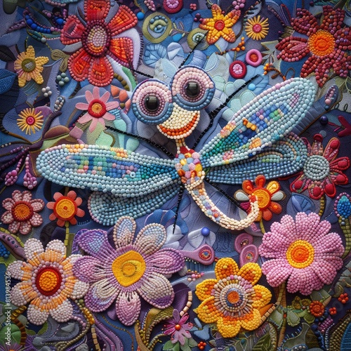 A funny fairy-tale dragonfly in the style of a child's drawing surrounded by colorful flowers. A resource for embroidery, applique, decor. Advertising of handmade goods, children's sections - do it yo