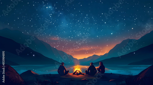 Starry Sky Camping Adventure: Campers Under Cosmic Stars Illustration