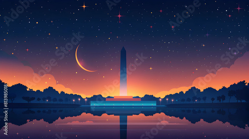 Patriotic Stars Hovering Above Monument Blend of National Pride with Night Sky Flat Design Icon Concept Illustration