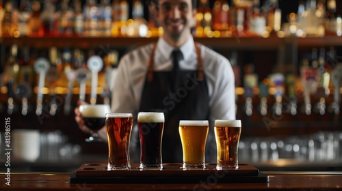 Smiling bartender presenting a variety of beers at a bar, with a selection of draft beers in the background.