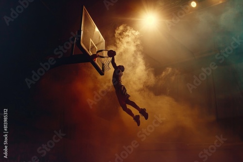 A basketball player jumping with a hoop in the background. Ideal for sports and competition concepts
