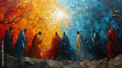 Blue And Orange Artistry Oil Painting of Jesus Christ With People on Canvas