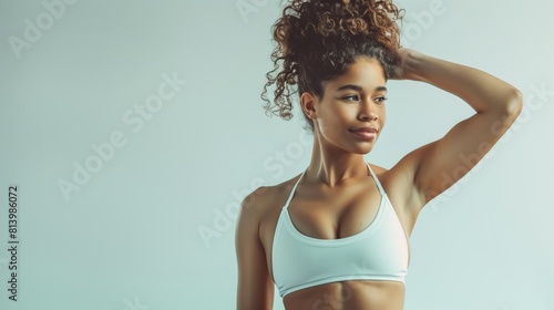 Fit young woman in a white sports bra posing confidently with hand on head, light background.