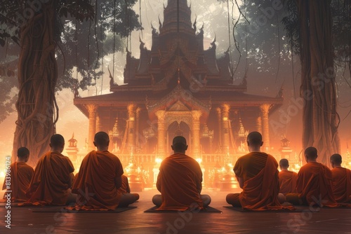 Group of monks sitting in front of a building, suitable for religious and architectural themes