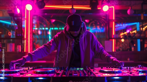 A DJ intensely focusing on mixing tracks on a DJ controller set in a neon-lit club setting.