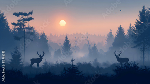 Simple flat design icon: Wildlife in Morning Mist concept with animals as shadows, offering a glimpse into their elusive lives. Flat illustration