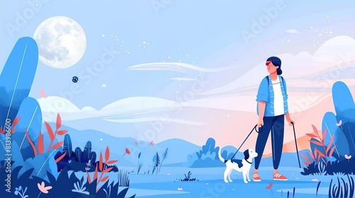 A blind person walking with a guide dog in a beautiful lavender field. The full moon is rising in the background.