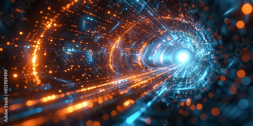 Digital technology background with blue and orange lights, glowing digital data streams in the center of abstract futuristic space tunnel or dark corridor with light particles and