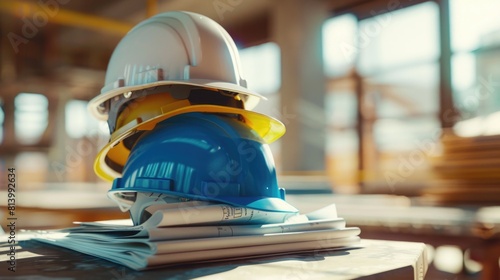 A hard hat sitting on top of a stack of newspapers. Perfect for construction or news-related projects