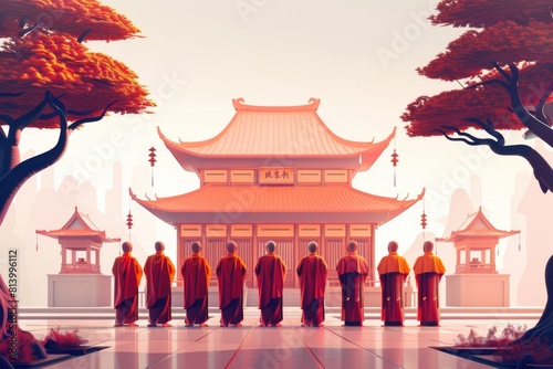 Group of monks in front of traditional Asian pagoda. Suitable for religious or travel concepts