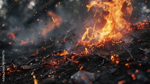 Close up of a fire on a field, suitable for various concepts