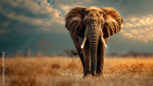  Majestic elephant in a golden savannah under a cloudy sky.