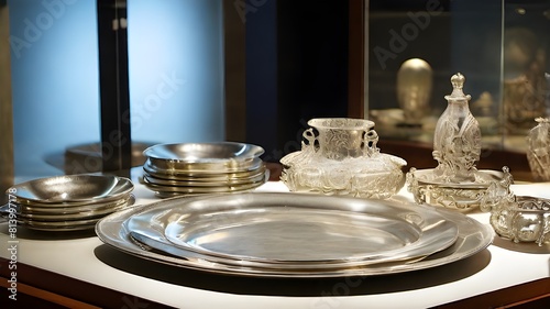 A collection of antique silver plates gleaming in the soft glow of a museum display case