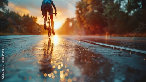 Cyclist on a wet road at sunset.