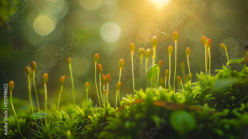 A macro shot capturing the intricate structure of moss spores, illuminated by soft natural light filtering through the forest canopy.