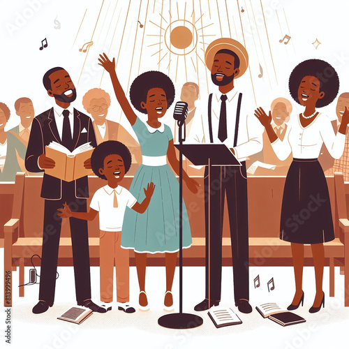 cute vector style illustration of black family singing gospel at the church