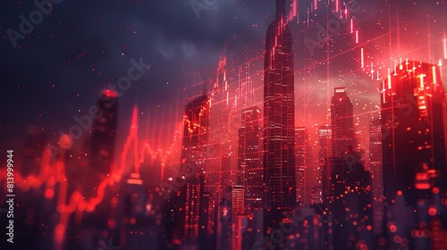 A red and dark cityscape. The sky is filled with red clouds and the buildings are illuminated by a red light.