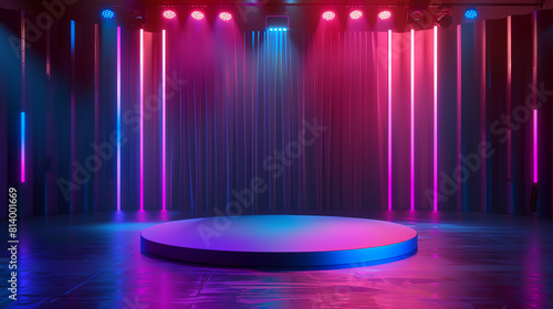 Showcase product podium on a lit stage side view highlighting showtime excitement Digital tone, Splitcomplementary color scheme.