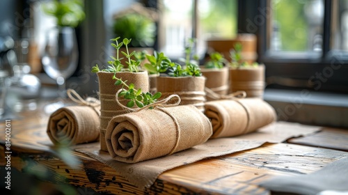 Monogrammed guest napkins elegantly rolled and tied with twine, hospitality, window light