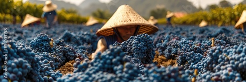 Woman in conical hat harvesting grapes in natural landscape for food ingredient