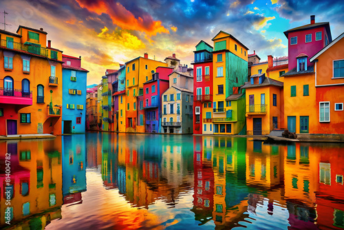 Surreal Town Square Buildings Melt River of Colors