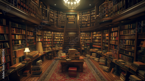 A large library filled with bookshelves and a reading table in the center.