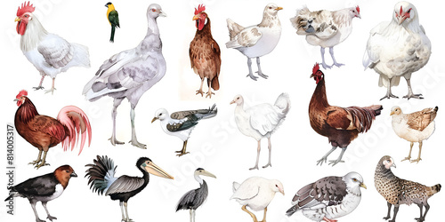Domestic chicken bird turkey guinea fowl goose duck quail hand drawn engraved farm animal old. 