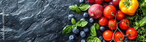 A variety of fresh, organic fruits and vegetables are arranged on a slate background.