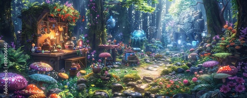 A vibrant, fantasy forest clearing where magical items are pitched at a mystical traders workshop, illustrated in bright colors