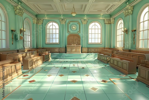 A detailed illustration of a courtroom, with each object (gavel, robe, scales) animated personified, Spacious courtroom with teal walls, light filtering through windows, papers strewn across floor.