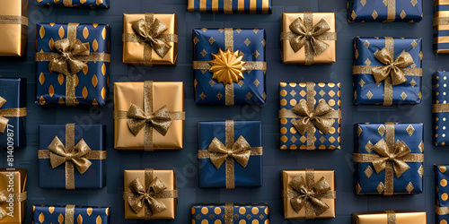 Blue gift boxes with a gold bow gold stars and shiny confetti on a blue background Christmas banner. 