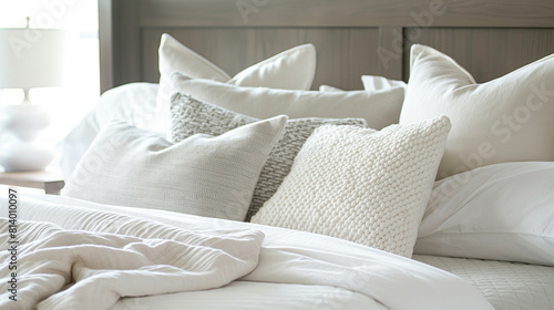 Detalhes do design de interiores do quarto. Cama confortável com travesseiros brancos macios e roupa de cama