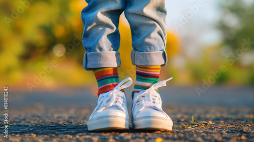 Garotinho vestindo diferentes pares de meias e tênis branco ao ar livre. Pés de criança com meias que não combinam. Dia Odd Socks, Semana Anti-Bullying.