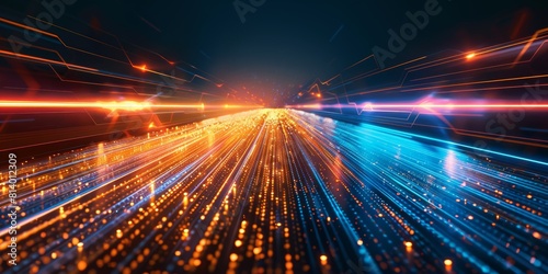 An abstract technology background depicting highspeed global data transfer with glowing lines and a blank central mockup space for advertising