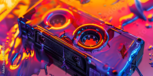  Retro ghetto blaster isolated on colorful background with rainbow watercolor splash. Neural network 