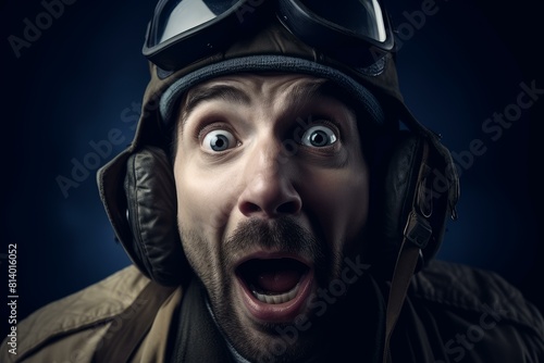 Startled Shocked aviation pilot. Wow fear. Generate Ai