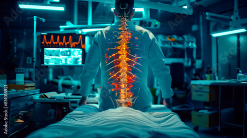 Person with back in pain in a medical center. The bones of the spine are visible with orange-red colors representing pain. Unrecognizable person with back to camera. Medicine.