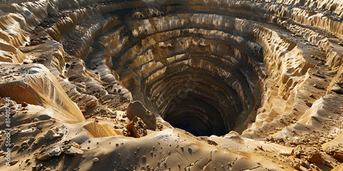  a sinkhole in a canyon harsh midday sun ,Expansive OpenPit Mine Landscape Showing Terraced Layers of Excavation in Daylight with Ominous. 