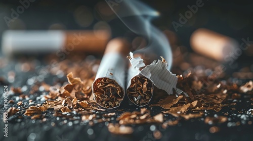 Broken cigarette in half with a row of scattered tobacco. world no tobacco day
