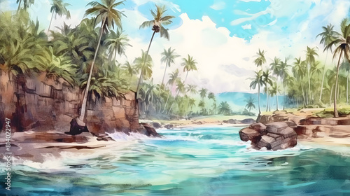 Palm-fringed coastlines watercolor