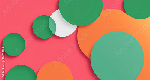 Abstrakcyjna kompozycja geometryczna składająca się z różnych kolorowych płaszczyzn. Centralnym elementem jest czerwone koło, które kontrastuje z otaczającymi je kształtami w odcieniach zieleni i różu