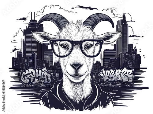 Cool goat with glasses amidst urban graffiti landscape