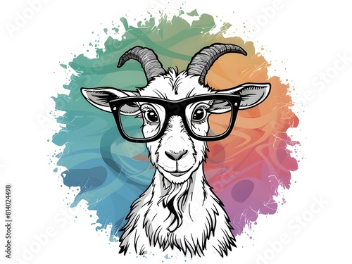 Curious goat with oversized glasses in colorful abstract background