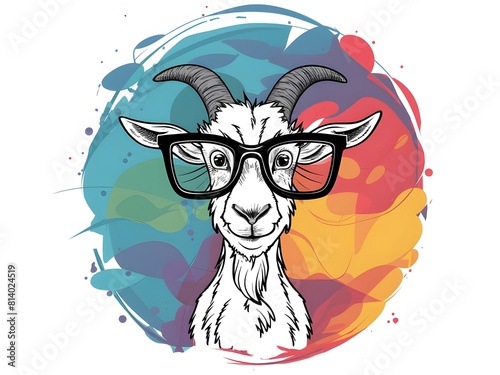 Whimsical goat character with large glasses on vibrant backdrop