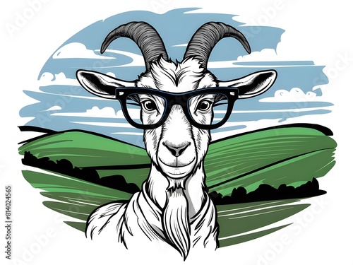 Intelligent goat wearing fashionable glasses in serene rural setting