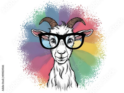 Playful goat donning oversized spectacles amid colorful abstraction