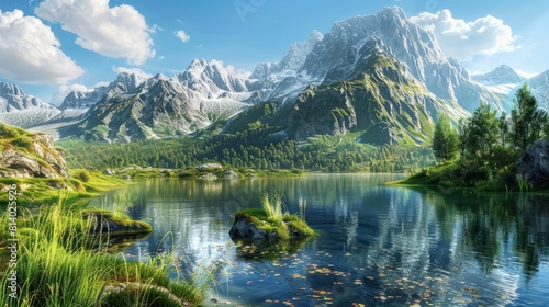 High mountain meadows. Majestic mountains and tranquil waters hyper realistic 