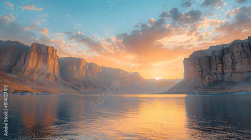 A photo of the Band-e Amir Lakes, with towering cliffs as the background, during a serene sunrise