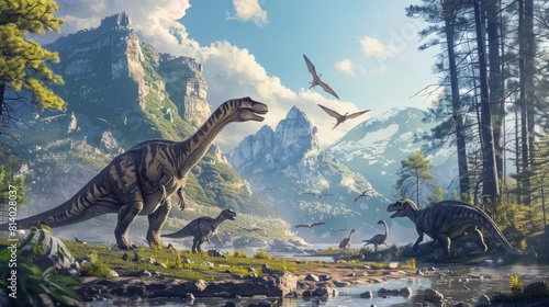 Prehistoric landscape of dinosaurs roaming the earth in an ancient valley hyper realistic 