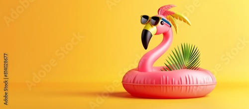A colorful pink flamingo pool float adorned with sunglasses and tropical plants, set against a bright yellow background for a playful summer theme. Large area for copy space on the right side.